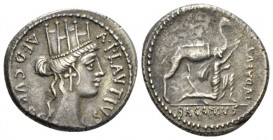 Denarius 55, AR 18.5mm., 3.99g. A·PLAVTIVS – AED·CVR·S·C Head of Cybeles r. Rev. IVDAEVS Male figure kneeling r. and extending olive branch; at his si...