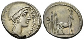 Cn. Plancius. Denarius circa 55, AR 18.5mm., 3.87g. CN·PLANCIVS – AED·CVR·S·C Female head r., wearing causia. Rev. Cretan goat r.; behind, bow and qui...