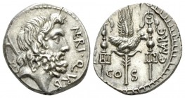 Cn. Nerius, L. Lentulus, Claudius Marcellus. Denarius Illyria (Apollonia ?) 49, AR 16.5mm., 3.83g. NERI·Q·VRB Head of Saturn r., with harpa over shoul...