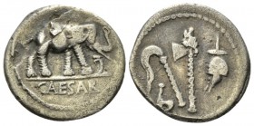 C. Iulius Caesar. Denarius mint moving with Caesar 49-48, AR 19mm., 3.42g. Pontifical emblems: culullus, aspergillum, axe and apex. Rev. Elephant r., ...