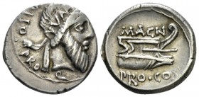 Cn. Pompeius Magnus and Cn. Calpurnius Piso. Denarius mint moving with Pompey 49, AR 18.5mm., 4.02g. CN·PISO·PRO – Q Bearded head of Numa Pompilius r....