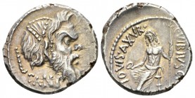 C. Vibius C.f. C.n. Pansa Caetronianus. Denarius 48, AR 19mm., 4.08g. Mask of bearded Pan r.; below, PANSA; behind, pedum. Rev. Jupiter seated l., hol...