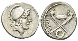 D. Iunius Brutus Albinus. Denarius circa 48, AR 18.5mm., 3.84g. Helmeted head of Mars r. Rev. Two carnyces in saltire; above, oval shield; below, roun...