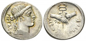 D. Iunius Brutus Albinus. Denarius 48, AR 19mm., 4.04g. PIETAS Head of Pietas r. Rev. Two hands clasped round winged caduceus; below, ALBINVS·BRVTI·F....