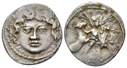 L. Plautius Plancus. Denarius 47, AR 19mm., 4.08g. Head of Medusa facing with dishevelled hair; below, L·PLAVTIVS. Rev. Victory facing, holding palm b...