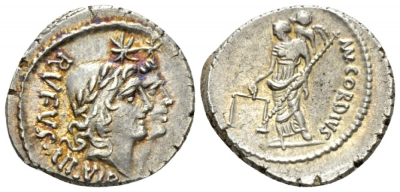 Mn. Cordius Rufus. Denarius 46, AR 19mm., 3.70g. RVFVS·III.VIR Jugate heads of D...