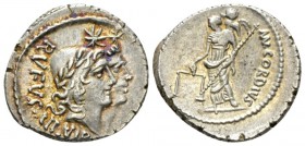 Mn. Cordius Rufus. Denarius 46, AR 19mm., 3.70g. RVFVS·III.VIR Jugate heads of Dioscuri r., wearing diademed pileii. Rev. MN. CORDIVS Venus standing l...