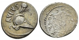 Mn. Cordius Rufus. Denarius circa 46, AR 17.5mm., 3.94g. Crested Corinthian helmet r., surmounted by owl; on l., RVFVS. Rev. Aegis of Minerva decorate...