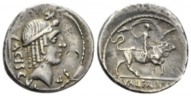 L. Valerius Acisculus. Denarius circa 45, AR 19mm., 4.02g. Head of Apollo r., hair tied with band; above, star; behind, pick axe and ACISCVLVS. Rev. E...