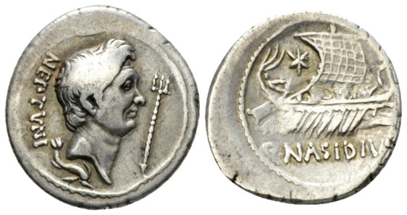 Q. Nasidius. Denarius mint moving with Sex. Pompeius 44-43, AR 18.5mm., 3.58g. H...