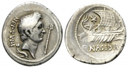 Q. Nasidius. Denarius mint moving with Sex. Pompeius 44-43, AR 18.5mm., 3.58g. Head of Cn. Pompeius Magnus r.; before, trident; below, dolphin; behind...