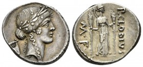 P. Clodius M.f. Turrinus. Denarius 42, AR 18.5mm., 3.93g. Laureate head of Apollo r.; behind, lyre. Rev. P.CLODIVS – ·M·F Diana standing facing, with ...