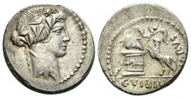 C. Vibius Varus. Denarius 42, AR 17.5mm., 3.94g. Head of Liber r., wearing ivy-wreath. Rev. VARVS Panther l. springing up towards garlanded altar on w...