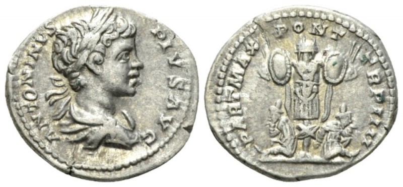 Caracalla, 198-217 Denarius circa 202, AR 19mm., 3.10g. ANTONINVS - PIVS AVG Lau...