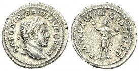Caracalla, 198-217 Denarius circa 215, AR 20mm., 3.50g. Laureate head r. Rev. P M TR P XVIIII COS IIII P P Sol standing facing, head l., raising hand ...