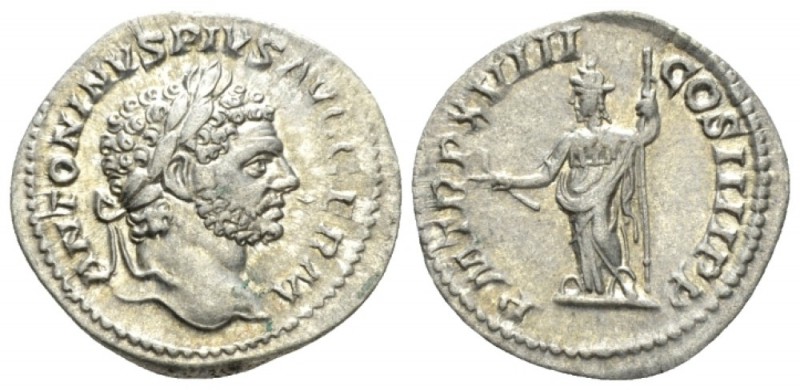 Caracalla, 198-217 Denarius circa 215, AR 19.5mm., 3.30g. Laureate head r. Rev. ...