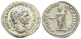 Caracalla, 198-217 Denarius circa 215, AR 19.5mm., 3.30g. Laureate head r. Rev. Pax standing l., holding branch and scepter. RIC 268. C 314.

Extrem...