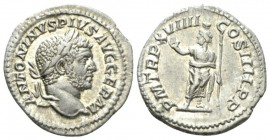 Caracalla, 198-217 Denarius circa 215, AR 19mm., 3.02g. ANTONINVS PIVS AVG GERM Laureate head r. Rev. P M TR P XVIIII COS IIII P P Serapis wearing pol...