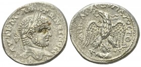 Caracalla, 198-217 Tetradrachm Emesa circa 215-217, AR 28mm., 15.38g. Laureate head r. Rev. Eagle standing facing, head l., with wreath in beak and wi...