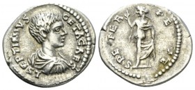 Geta Caesar, 198-209 Denarius Laodicea circa 198-200, AR 20.5mm., 2.93g. Bare-headed, draped, and cuirassed bust r. Rev. Spes advancing l., holding fl...
