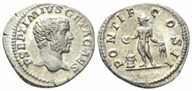 Geta Caesar, 198-209 Denarius circa 208-209, AR 19.5mm., 3.3g. P SEPTIMIVS GETA CAES Bare head r. Rev. PONTIF COS II Genius standing l., sacrificing f...