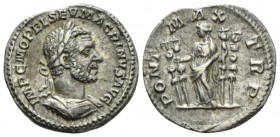 Macrinus, 217-218 Denarius circa 217, AR 18.5mm., 2.89g. Laureate and cuirassed bust r. Rev. PONT MAX TR P Fides standing l., holding two standards; o...
