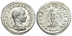 Elagabalus, 218-222 Denarius circa 219, AR 20.5mm., 3.50g. IMP CAES ANTONINVS AVG Laureate and draped bust r. Rev. VICTOR ANTONINI AVG Victory advanci...