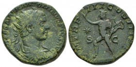 Elagabalus, 218-222 Dupondius circa 220, Æ 23.5mm., 11.69g. Radiate, draped and cuirassed bust r. Rev. Sol advancing l. raising hand and holding scept...