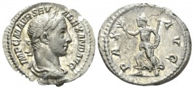 Severus Alexander, 222-235 Denarius circa 226, AR 21.5mm., 2.98g. Laureate and draped bust r. Rev. Pax advancing l., holding branch and sceptre. RIC 1...