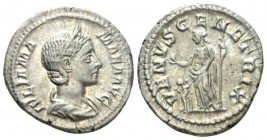 Julia Mamaea, mother of Severus Alexander Denarius circa 223, AR 20mm., 3.60g. Draped and diademed bust r. Rev. VENVS GENETRIX Venus standing l. holdi...
