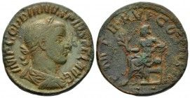 Gordian III, 238-244 Sestertius circa 241, Æ 29mm., 19.14g. Laureate, draped, and cuirassed bust r. Rev. Apollo seated l., holding branch and resting ...