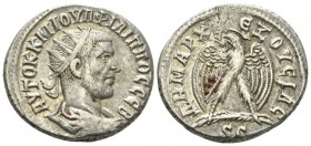 Philip I, 244-249 Tetradrachm circa 244, AR 26mm., 10.64g. Radiate, draped, and cuirassed bust r. Rev. Eagle standing facing on palm frond l., head l....