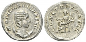 Otacilia Severa, wife of Philip I Antoninianus 247, AR 23.5mm., 4.00g. M OTACIL SEVERA AVG Diademed and draped bust r., set on crescent. Rev. CONCORDI...