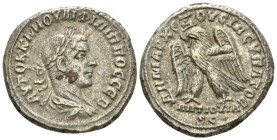 Philip II, 247-249 Tetradrachm circa 249, AR 27.5mm., 13.25g. Laureate, draped and cuirassed bust r. Rev. ΔHMAPX ЄΞ OVCIAC YΠATOΔ Eagle standing r., w...