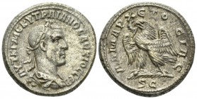Trajan Decius, 249-251 Tetradrachm circa 249-250, AR 26.5mm., 13.11g. Laureate, draped, and cuirassed bust r.; below ·· Rev. Eagle standing l. on palm...