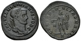 Galerius Maximianus Caesar, 293-305. Follis circa 296-297, Æ 26.5mm., 10.85g. Laureate head r. Rev. Genius standing l., holding patera and cornucopia....
