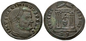 Galerius Maximianus, 305-311 Follis Ticinum circa 307-308, Æ 26.5mm., 6.25g. Laureate head r. Rev. Roma seated facing, head l., holding globe and scep...
