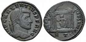 Maxentius, 306-312 Follis Rome circa 307-308, Æ 25mm., 5.96g. Laureate head r. Rev. Roma seated facing, head l., holding globe and scepter, within hex...