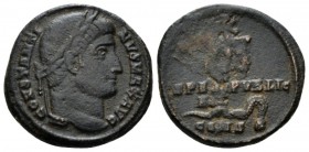 Constantine I, 307-337 Follis Constantinople circa 327, Æ 19.5mm., 3.15g. Laureate head r. Rev. SPES PVBLIC Labarum, with three medallions on drapery ...