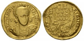 Constantius II, 337-361 Solidus Antioch circa 355-361, AV 21.5mm., 4.19g. Pearl-diademed, helmeted, and cuirassed bust facing slightly r., holding spe...