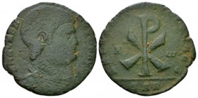 Magnentius, 350-353 Follis circa 350-353, Æ 26.5mm., 5.48g. Bare-headed and draped bust r. Rev. Christogram flanked by A and W. C 31. RIC 188. LRBC 44...