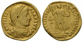 Valens, 364-378 Solidus Antiochia circa 364-367, AV 20mm., 4.02g. Diademed, draped and cuirassed bust r. Rev. Valens standing facing, holding labarum ...