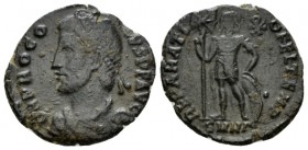 Procopius, 365-366 Follis Heraclea circa 365-366, Æ 19mm., 2.55g. Diademed, draped and cuirassed bust l. Rev. REPARATIO FEL TEMP The Emperor standing ...