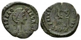 Aelia Flaccilla, wife of Theodosius I Æ Heraclea 379-368, Æ 13.5mm., 1.24g. Pearl-diademed and draped bust r. Rev. Victory seated on cuirass r., inscr...