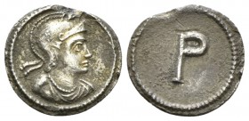 Anonymous. Time of Justinian I, circa 527-565 1/2 Siliqua Constantinople circa 527-565, AR 13mm., 0.95g. Helmeted, draped, and cuirassed bust of Roma ...