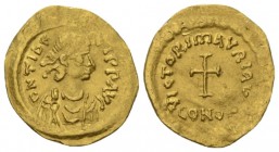 Maurice Tiberius, 582 – 602 Tremissis 582-602, AV 16.5mm., 1.36g. Diademed, draped and cuirassed bust r. Rev. Cross potent. DO 14. MIBE 20. Sear 488....