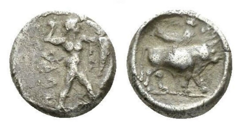 Lucania, Sybaris Triobol circa 245-448, AR 8.5mm., 1.25g. Poseidon advancing r.,...