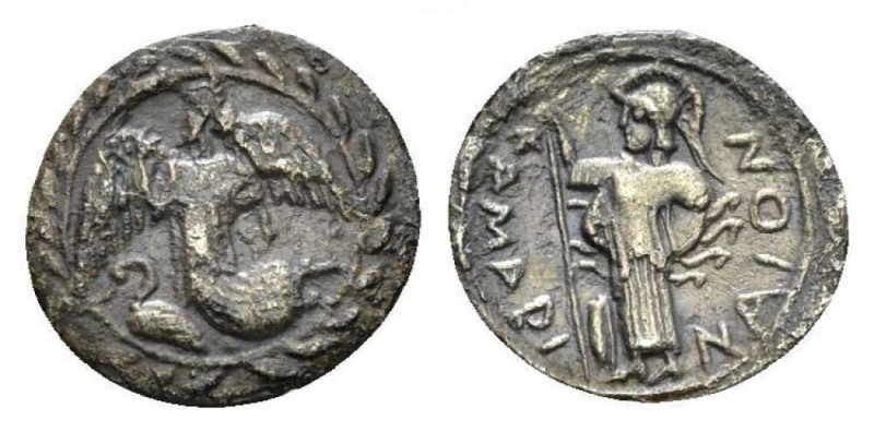 Sicily, Camarina Litra circa 461-435, AR 12mm., 0,65g. Nike flying l.; below, sw...