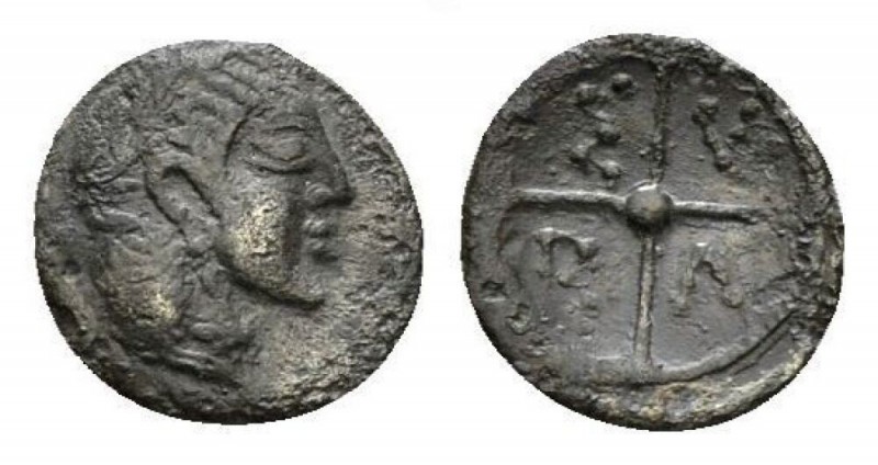 Sicily, Syracuse Litra circa 470, AR 9mm., 0.53g. Head of Arethusa r. Rev. Wheel...