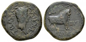 Hispania, Lepida Celsa Octavian as Augustus, 27 BC – 14 AD As circa 27BC-14 AD, Æ 30mm., 19.65g. Laureate head r. within laurel wreath. Rev. Bull stan...